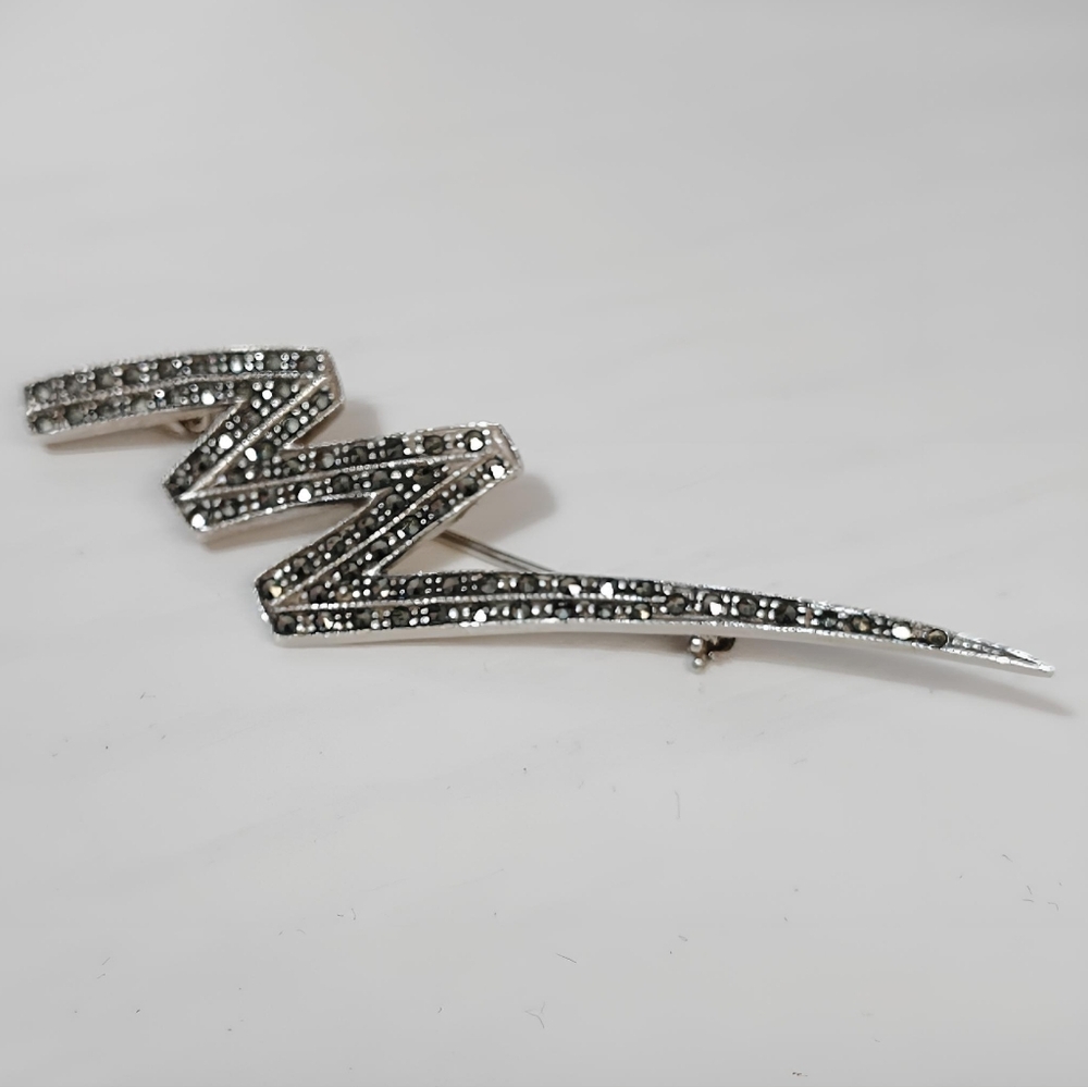 Vintage Sterling Silver Mid-century modern Marcasite Lightning Bolt Brooch Pin